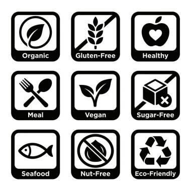 Yiyecek ambalajı ve menüleri için dokuz adet siyah beyaz vektör simgesi. Organik, vegan, glütensiz, sağlıklı, şekersiz, cevizsiz ve çevre dostu semboller içerir..