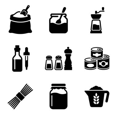 Un, reçel, öğütücü, yağ, tuz, biber, konserve ürünler, makarna ve beyaz arka planda bir ölçü kabı içeren dokuz basit yiyecek ikonu..