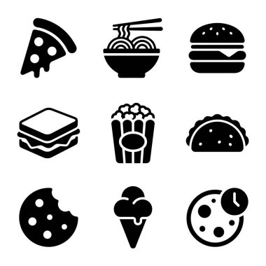 Pizza, erişte, burger, sandviç, patlamış mısır, taco, kurabiye, dondurma ve beyaz arka planda pizza teslimatı sembolü içeren dokuz basit yemek ikonu..