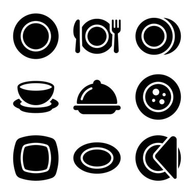 Tabaklar, bir kase, bir saat, çatal bıçak takımı ve web ve baskı tasarımı için uygun bir yer ayarlama dahil olmak üzere çeşitli yemek öğelerini temsil eden koyu siyah simge simgelerinden oluşan bir koleksiyon..