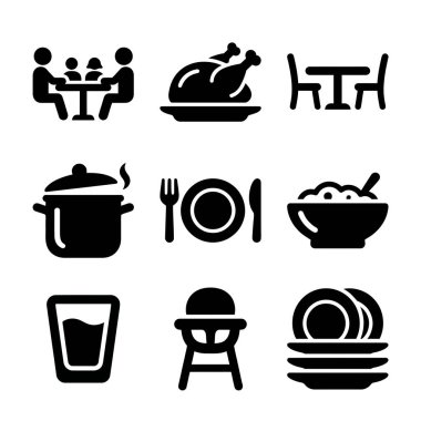 Yemek ve yemekle ilgili dokuz basit siyah ikondan oluşan bir koleksiyon. Aile yemeği, kızarmış tavuk, masa, yemek tenceresi, tabak seti, kase, bardak, sandalye ve tabaklar için ikonlar içerir.