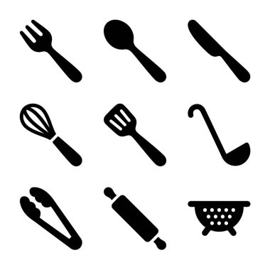 Mutfak eşyası siluetlerinin vektör grafik çizimi. Bu simge seti kolay kullanım için beyaz zemin üzerinde izole çeşitli pişirme ve pişirme araçları içerir.