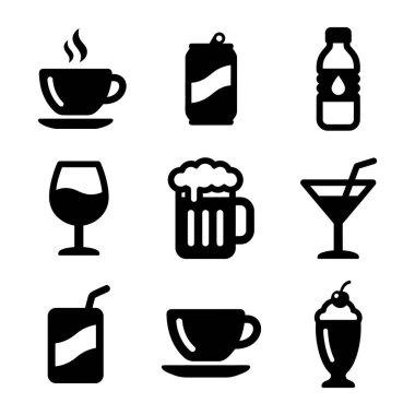 Farklı içecekleri temsil eden dokuz siyah ve beyaz vektör ikonundan oluşan bir koleksiyon. Kahve, soda kutusu, su şişesi, şarap, bira, kokteyl, meşrubat, çay ve milkshake içerir.