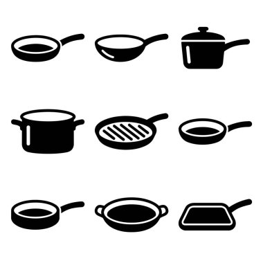 Farklı mutfak malzemelerini gösteren dokuz basit siyah vektör ikonundan oluşan bir koleksiyon. Beyaz arkaplanda izole edilmiş tava, tencere, tava ve ızgara tava siluetleri içerir.