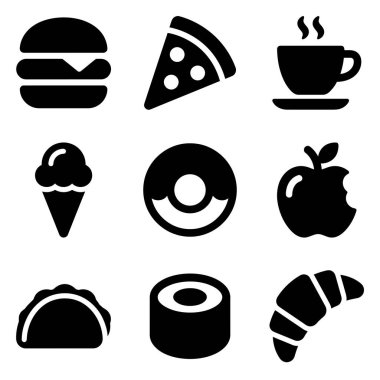 Beyaz arka planda dokuz basit siyah gıda ikonu koleksiyonu. Hamburger, pizza, kahve, dondurma, çörek, elma, taco, suşi ve kruvasan içerir..