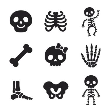 Kafatası, kemik, göğüs kafesi ve tam iskelet gibi şirin insan iskeleti parçalarını tasvir eden siyah siluet simgeleri koleksiyonu, Cadılar Bayramı veya anatomi temaları için mükemmel..