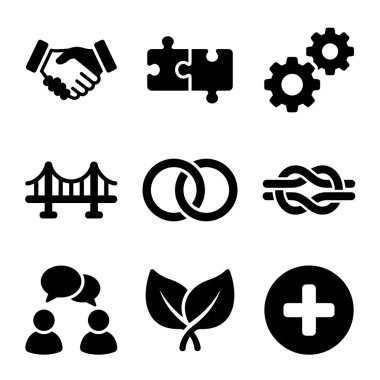 El sıkışma, bulmaca, köprü halkaları, düğüm iletişim yaprakları ve takım çalışması ve sinerji için artı işareti gibi kavramları temsil eden dokuz siyah simgenin bir derlemesi.