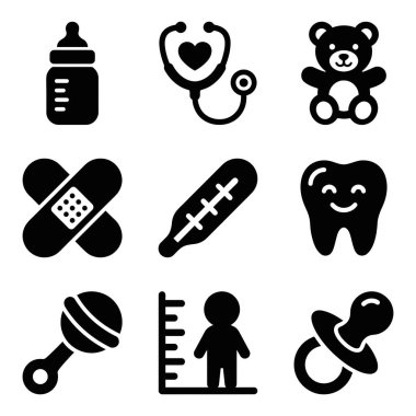 Bir şişe, steteskop, oyuncak ayı, termometre ve tıbbi ve çocuk bakımı kavramları için emzik gibi çocuk ve bebek bakımı malzemelerini temsil eden siyah simgelerden oluşan basit bir koleksiyon..