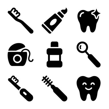 Diş fırçası, diş macunu, diş ipi, diş ipi, gargara, ağ ve mobil için sağlıklı dişler de dahil olmak üzere dokuz katı siyah simge ve kavramlardan oluşan bir koleksiyon..