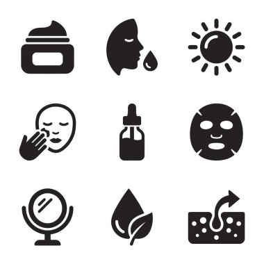 Krem, serum, yüz maskesi, güneş koruması ve cilt uygulaması da dahil olmak üzere kozmetik ürünleri ve yüz tedavilerini temsil eden siyah vektör simgelerinin bir koleksiyonu.