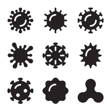 Çeşitli virüsleri, bakterileri, mikropları ve mikropları temsil eden dokuz basit vektör simgesi kümesi. Bilimsel veya sağlıkla ilgili projeler için izole siyah beyaz semboller.