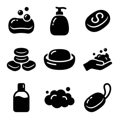 Dokuz izole edilmiş vektör ikonu, sabun, sıvı dağıtıcı, köpük ve sabun kabı gibi çeşitli sabun ve çamaşır ürünlerini temsil eder..