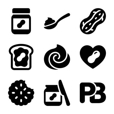 Fıstık ezmesini temsil eden siyah simgelerden oluşan bir koleksiyon. Kavanoz, kaşık, fıstık, tost, yayılmış, girdap, kalp, kurabiye ve fıstık ezmesi logosu..