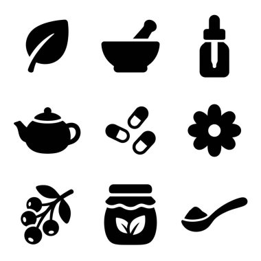 Bir yaprak, harç ve tokmak, haplar ve çaydanlık da dahil olmak üzere bitkiselliğin ve doğal sağlığın çeşitli yönlerini temsil eden dokuz basit siyah ikondan oluşan bir koleksiyon..