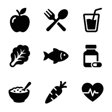 Sağlıklı besin seçimlerini ve meyve, sebze, balık, takviye gıda ve kalp sağlığı gibi sağlıklı kavramları temsil eden dokuz basit siyah ikondan oluşan bir derleme..