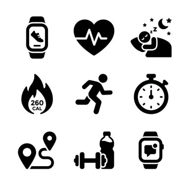 Fitness, kalp atış hızı, uyku, kalori, koşu, kronometre, GPS rotası ve çalışma ekipmanları da dahil olmak üzere sağIık ve sağIık takibi için sağlam simgelerin toplanması.