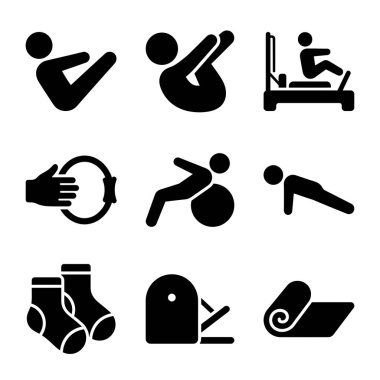 Pilates pozisyonlarını ve ekipmanları temsil eden siyah simgelerden oluşan bir derleme. Reformcu, sihirli çember, istikrar topu, egzersiz paspası ve tutuş çorapları da dahil..