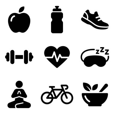 Sağlıklı bir yaşam tarzının çeşitli yönlerini temsil eden dokuz siyah beyaz ikon koleksiyonu. Buna diyet egzersizi uykusu ve zihinsel refah da dahil..