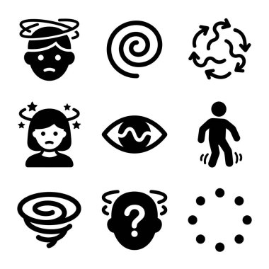 Baş dönmesi, baş dönmesi, baş dönmesi, kafa karışıklığı, bulanık görme ve denge kaybı gibi semptomları gösteren dokuz basit simge koleksiyonu. Tıbbi veya psikolojik kavramlar için kullanışlı.