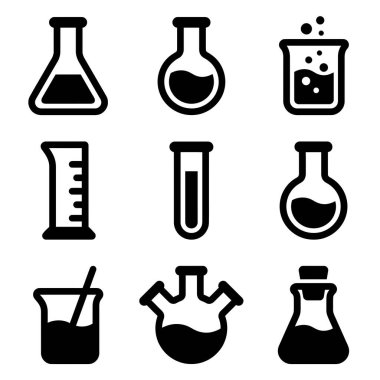 Beyaz bir arka planda, deney tüpleri, şişeler ve deney tüpleri gibi çeşitli bilimsel laboratuvar camlarını temsil eden dokuz siyah siluet simgesi koleksiyonu..