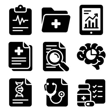 Hasta tabloları, veri analizi, araştırma, tanı ve reçeteler gibi sağlık ve sağlık hizmetlerini temsil eden dokuz siyah katı simgenin bir derlemesi..