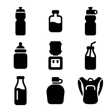 Spor şişeleri, su soğutucusu, bebek şişesi ve su torbası gibi çeşitli hidrasyon metodlarını temsil eden dokuz adet siyah beyaz vektör ikonu..