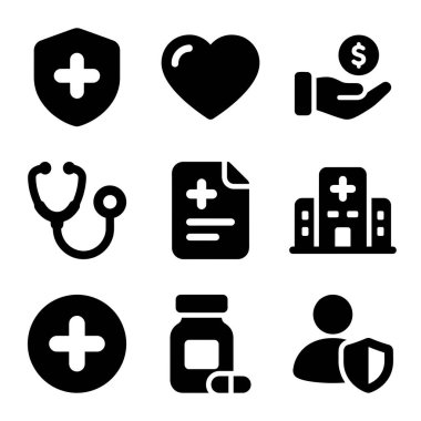 Sağlam bir kabartma şeklinde dokuz temel sağlık ve sağlık sigortası ikonu koleksiyonu. Hastane, doktor, ilaç ve hasta bakımı için semboller içerir.