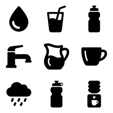 Su damlası, cam, şişe, musluk, sürahi, kupa, yağmur bulutu ve su soğutucunun çeşitli yönlerini temsil eden dokuz basit siyah siluet simgesi..