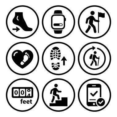 Yürüme, yürüyüş ve fitness takibi ile ilgili dokuz dairesel siyah beyaz simge koleksiyonu. Adımlar, akıllı adımlar, hedefler, kalp sağlığı ve mobil uygulamalar için semboller içerir.