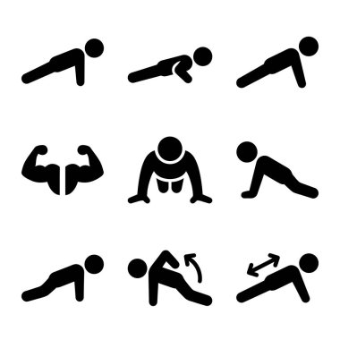 Biseps kıvrımları da dahil olmak üzere çeşitli şınav egzersizleri ve egzersiz pozlarını gösteren siyah vektör simgelerinden oluşan bir derleme. fitness ve kuvvet eğitimi için basit piktogramlar.
