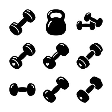 Çeşitli siyah beyaz dambıl ve kettlebell vektör simgelerinin toplanması. Beyaz arka planda izole edilmiş fitness, egzersiz, halter ve spor salonu tasarımı için basit grafik elementler.