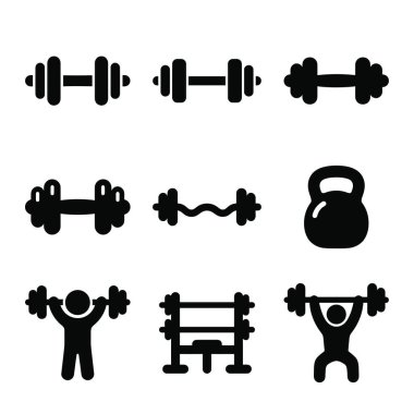 Spor aletlerini temsil eden vektör siluet simgelerinden oluşan bir koleksiyon ve halterler, halterler, halterler, ağırlık kaldıran figürler ve ağırlık kaldırma figürleri de dahil olmak üzere spor salonları..