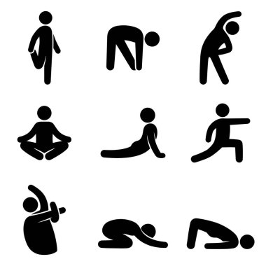 Dokuz basit siyah piktogramdan oluşan bir koleksiyon. İnsanları farklı fitness pozisyonlarında gösteriyor. Buna yoga pozları vermek ve beyaz arka planda egzersiz yapmak da dahil.