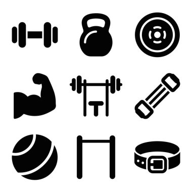 Dokuz fitness ve spor salonu ikonu, bir dambıl, kettlebell, ağırlık plakası, pazı kası, çömelme askısı, genişletici, fitness topu, yukarı çekme çubuğu ve halter kemeri de dahil olmak üzere..