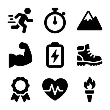 Koşu, zamanlama, dağlar, güç, enerji, yürüyüş, ödül, kalp atış hızı ve internet ve mobil uygulamalar için rekabeti temsil eden dokuz basit simgeden oluşan bir koleksiyon.