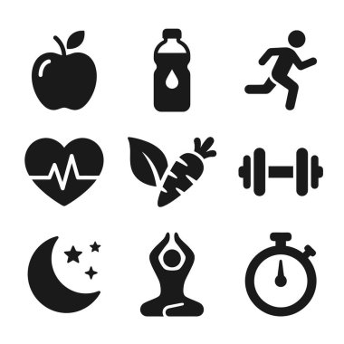 Elma, su, koşu, kalp atışı, sebze, dambıl, uyku, yoga ve bir kronometre de dahil olmak üzere sağlık ve sağlık için dokuz basit simge koleksiyonu..