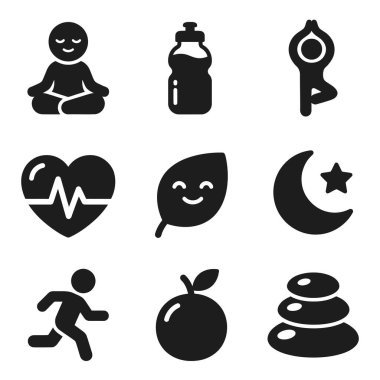 Yogayı, meditasyonu, koşuyu, sağlıklı yiyeceği, uykuyu ve dengeyi temsil eden siyah simgelerden oluşan bir derleme. Kalp atış hızı, su kaybı ve sağlıklı yaşam tarzı için zen sembolleri içerir..
