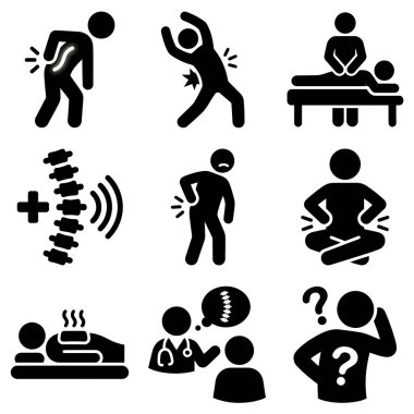 Sırt ağrısı, omurga sorunları, kiropraktik düzeltmeler, masaj terapisi ve sırt sorunları için tıbbi konsültasyon içeren siyah ve beyaz simgelerden oluşan bir derleme..