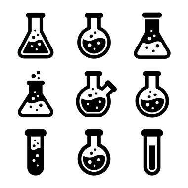 Bilimsel araştırma ve kimyasal deneylerde kullanılan deney tüpleri, deney tüpleri ve deney tüpleri gibi çeşitli laboratuvar ekipmanlarını temsil eden dokuz basit, düz vektör simgesinden oluşan bir koleksiyon..
