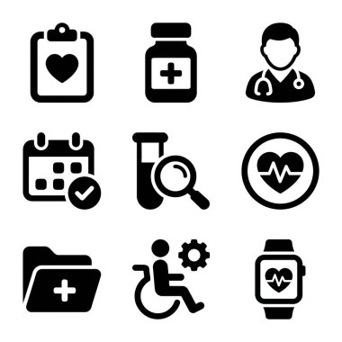 Doktor, ilaç, hasta kayıtları, randevular, laboratuvar testleri ve sağlık izleme teknolojisi de dahil olmak üzere çeşitli tıbbi ve sağlık kavramlarını temsil eden dokuz siyah vektör ikonundan oluşan bir koleksiyon..