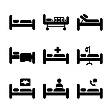 Düzenlenebilir yataklar, serumlu yataklar, kalp monitörleri ve sağlık ve tıbbi tasarım için hastalar da dahil olmak üzere çeşitli hastane yataklarını gösteren dokuz adet siyah, katı kabartma simge..