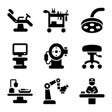 Tıbbi ve dişsel ekipmanları temsil eden dokuz adet siyah simge koleksiyonu. Bunlardan biri dişçi koltuğu, cerrahi lamba, robotik kol ve sağlık hizmeti tasarımı için ameliyat masası..