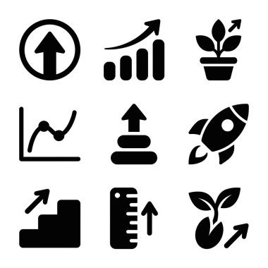 Büyümeyi, başarıyı ve ilerlemeyi sembolize eden dokuz katı simgenin toplanması. İş ve finans kavramları için bar tablosu, roket fırlatma, filizlenen tohum ve yukarı bakan okları içerir.