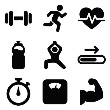 Egzersiz, halter, yoga, sağlık ve beyaz arka planda izole edilmiş ilerleme de dahil olmak üzere fitness 'in çeşitli yönlerini temsil eden dokuz basit simge..
