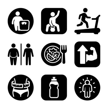 Beslenme, egzersiz, kilo yönetimi, kas gelişimini ve genel refahı temsil eden siyah ve beyaz simgelerin toplanması. Koşu bandı, salata, ölçü ve daha fazlasını içerir.