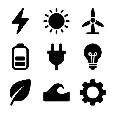 Güneş, rüzgar, dalga, pil ve elektrik de dahil olmak üzere çeşitli sürdürülebilir ve yeşil enerji formlarını sembolize eden dokuz siyah siluet simgesi koleksiyonu.