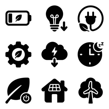 Yenilenebilir enerji, sürdürülebilirlik, güç tasarrufu ve web ve mobil uygulamalar için yeşil teknoloji kavramlarını temsil eden dokuz siyah sembol..