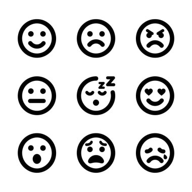 Dokuz basit siyah beyaz ifade simgesinden oluşan bir koleksiyon. Sette mutlu, üzgün, kızgın, tarafsız, uyuyan, aşık, şaşırmış, yalvaran ve ağlayan ifadeler yer alıyor. Vektör illüstrasyonu.