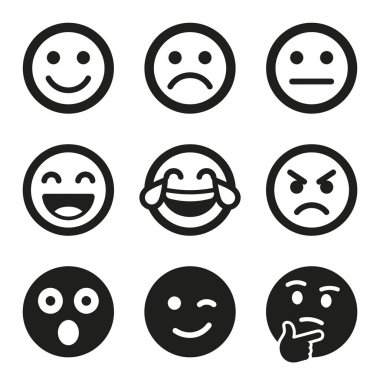 Minimalist tarzda dokuz tane basit, yuvarlak yüz ifadesi. Web ve uygulama tasarımı için mutlu, üzgün, nötr, gülen, kızgın, şaşırmış, göz kırpan ve düşünme ifadelerini içerir.