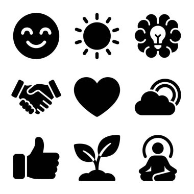 Gülen yüz, güneş, beyin, tokalaşma, kalp, gökkuşağı, baş parmak, filiz ve meditasyon temalı basit bir simge paketi.